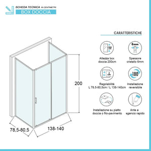 Box doccia 80x140x80 cm con porta scorrevole trasparente H 200 cm Ted