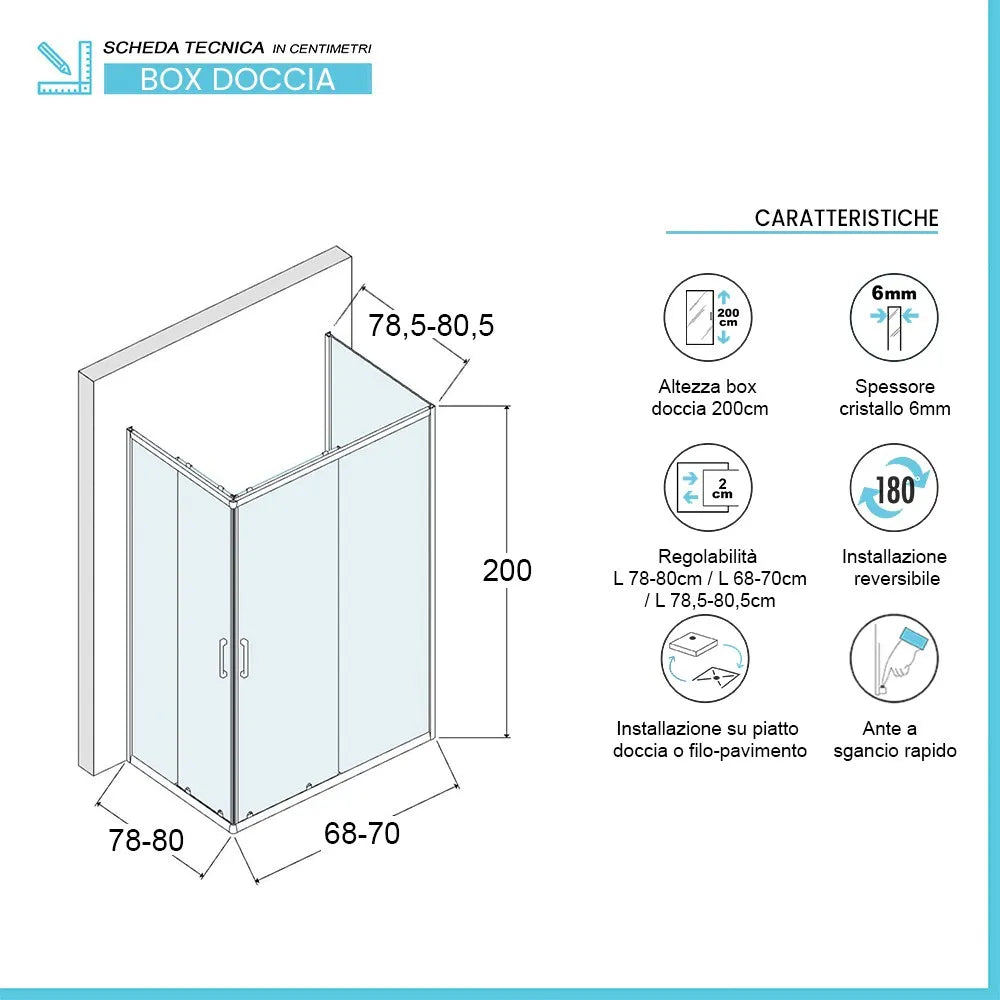 Box doccia 80x70x80 cm con doppio scorrevole serigrafato H 200 cm Ted