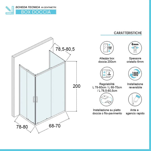 Box doccia 80x70x80 cm con doppio scorrevole trasparente H 200 cm Ted