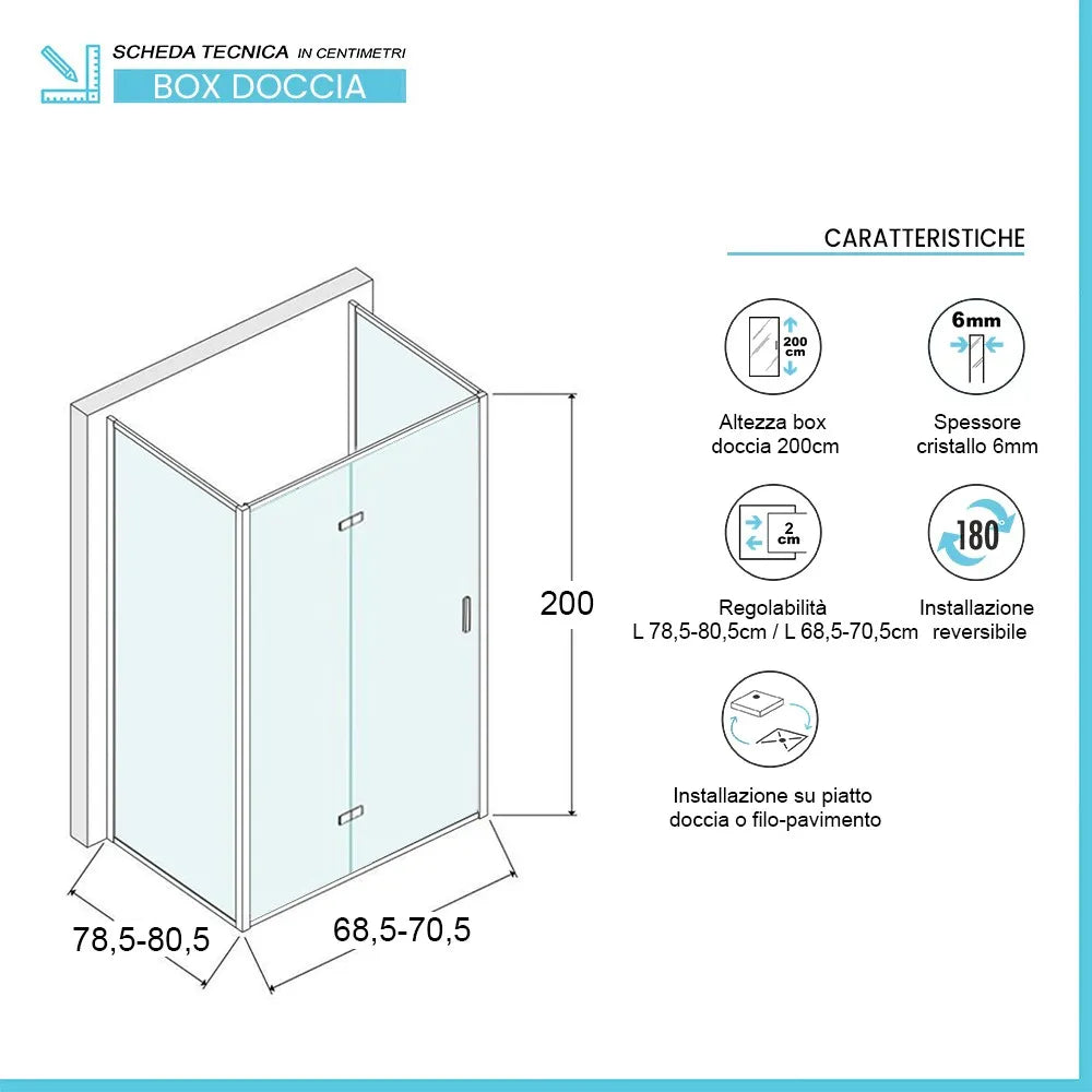 Box doccia 80x70x80 cm porta a soffietto serigrafata H 200 cm Ted