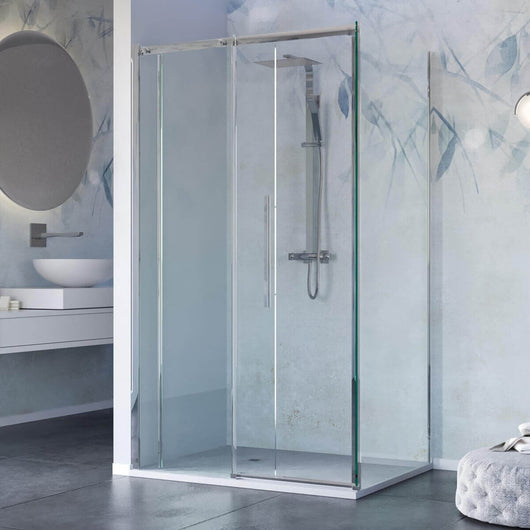 Box Doccia Angolare Ad Anta Scorrevole In Cristallo Trasparente 8mm Con Trattamento Anticalcare - F8 - 90x110