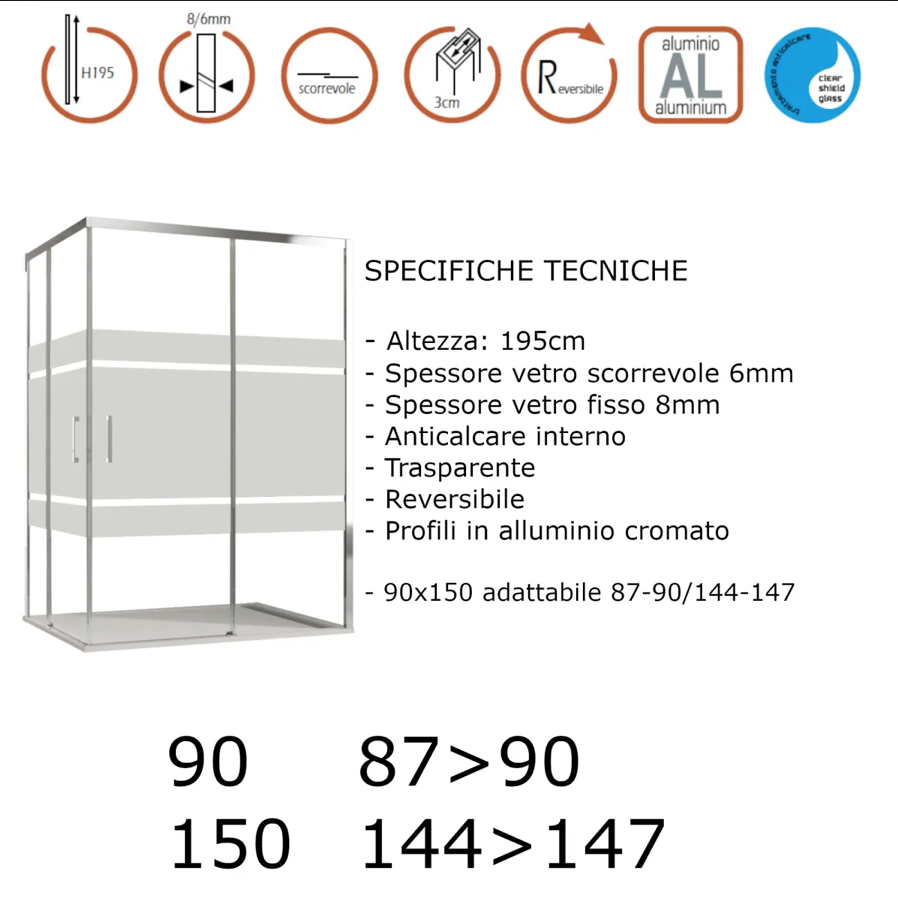 Box doccia angolare 2 lati scorrevoli serigrafato H195cm 8mm EASY Regos-90x120