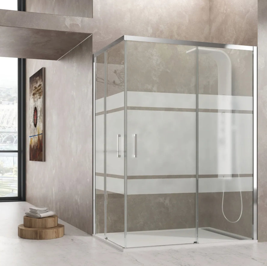 Box doccia angolare 2 lati scorrevoli serigrafato H195cm 8mm EASY Regos-80x150