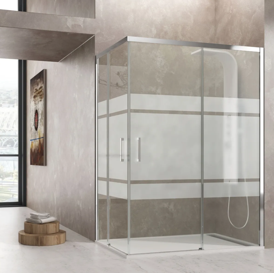 Box doccia angolare 2 lati scorrevoli serigrafato H195cm 8mm EASY Regos-80x150