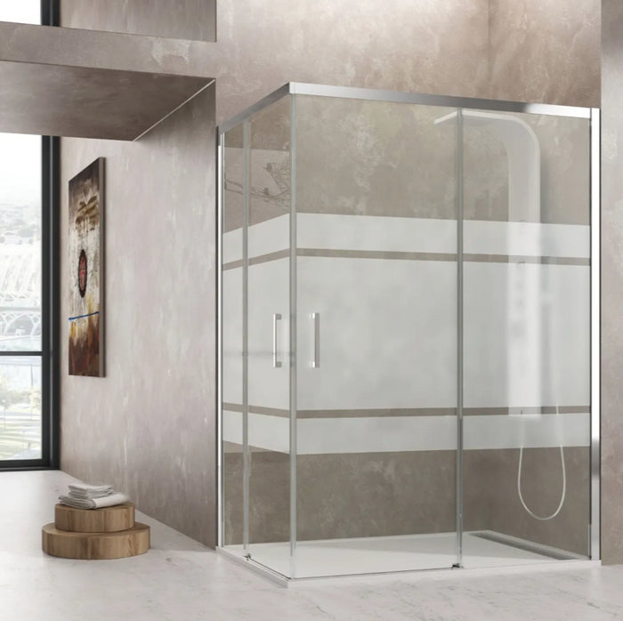 Box doccia angolare 2 lati scorrevoli serigrafato H195cm 8mm EASY Regos-80x150