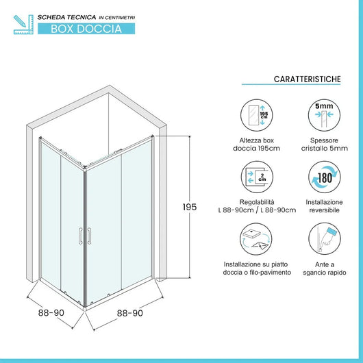 Box doccia angolare 90x90 cm doppio scorrevole vetro stampato Tay