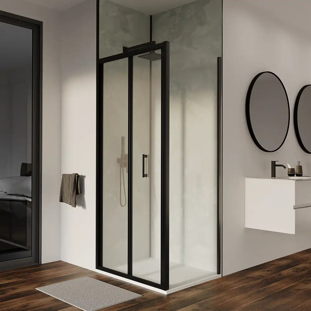 Box doccia 90x90 cm angolare profili neri apertura a libro vetro 6mm trasparente | Capri