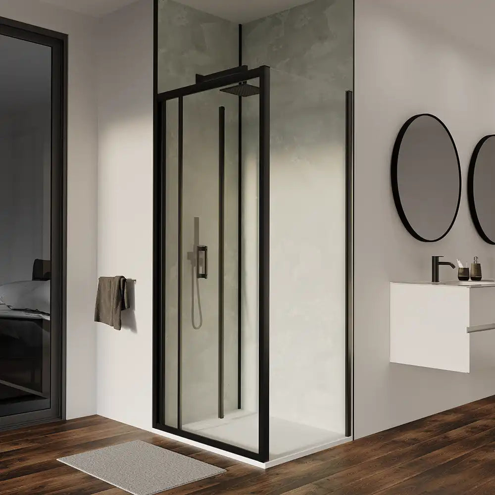 Box doccia 90x90 cm angolare profili neri apertura a libro vetro 6mm trasparente | Capri