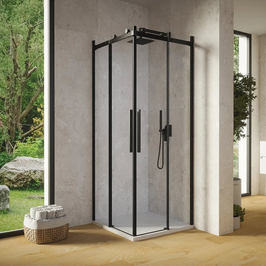 Box doccia angolare 90x120cm due ante scorrevoli  vetro 8mm trasparente profili nero opaco h195 | Creta