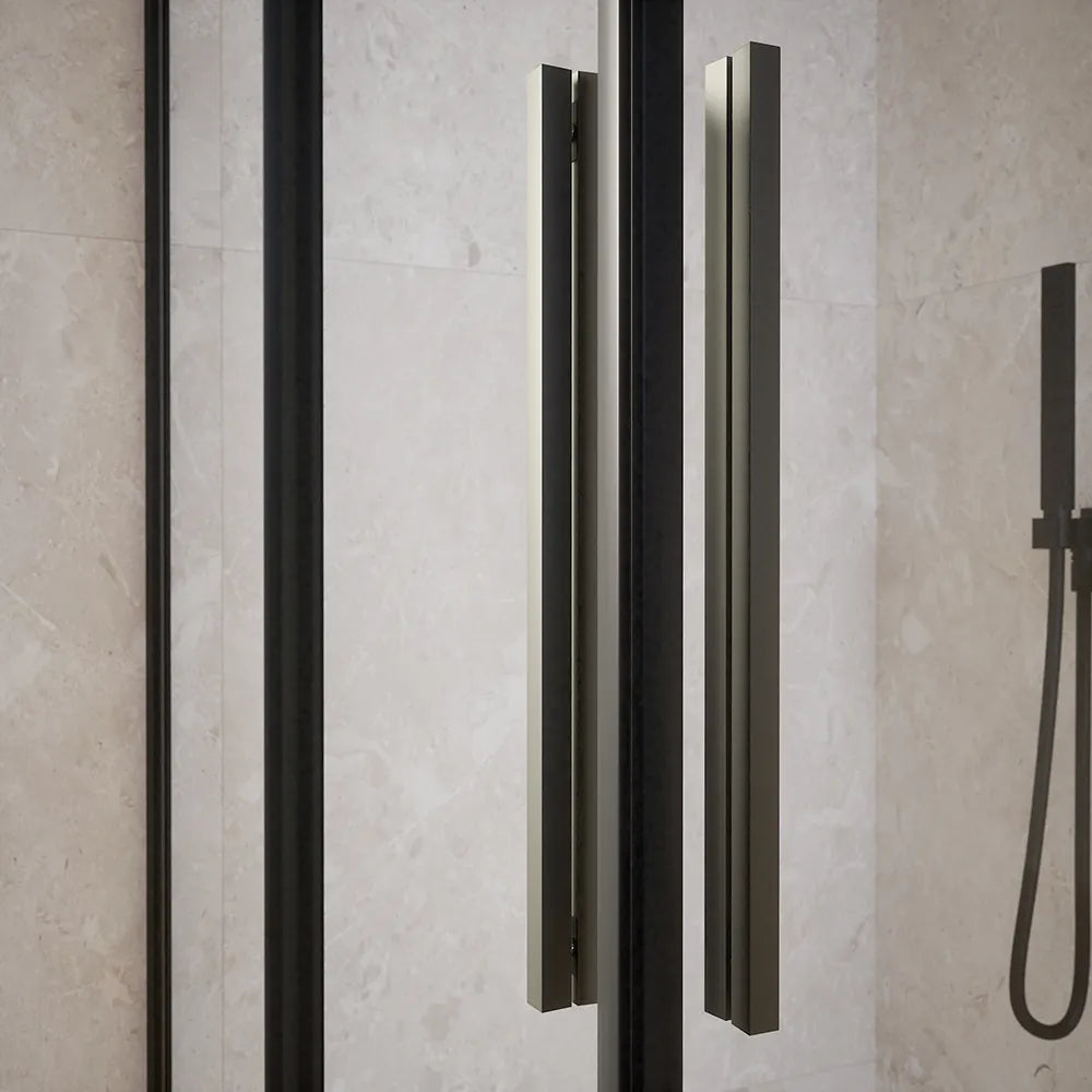 Box doccia angolare 70x70cm due ante scorrevoli  vetro 8mm trasparente profili nero opaco h195 | Creta