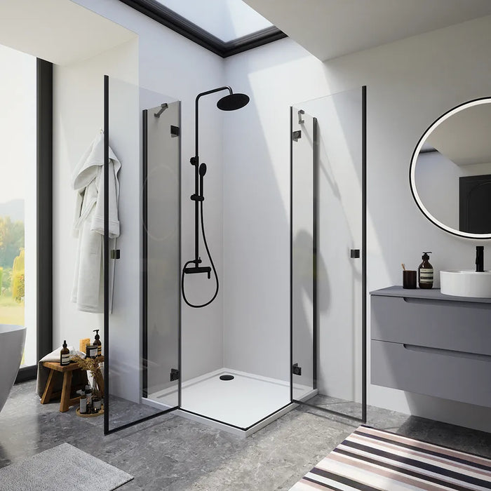 Box doccia 90x70cm doppio battente con cerniere profili nero opaco e vetro da 8mm trasparente h195 | Fiji