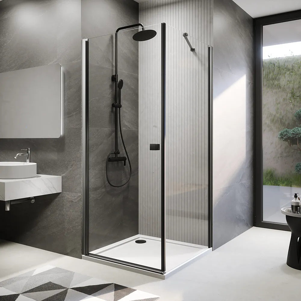 Box doccia 70x70 cm con apertura a battente e parete fissa, profili nero opaco e vetro da 8mm trasparente h195 | Fiji 