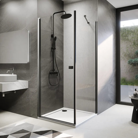 Box doccia 70x70 cm con apertura a battente e parete fissa, profili nero opaco e vetro da 8mm trasparente h195 | Fiji 