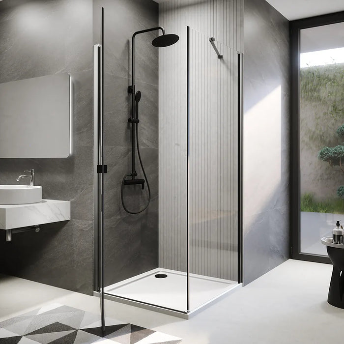 Box doccia 70x70 cm con apertura a battente e parete fissa, profili nero opaco e vetro da 8mm trasparente h195 | Fiji 