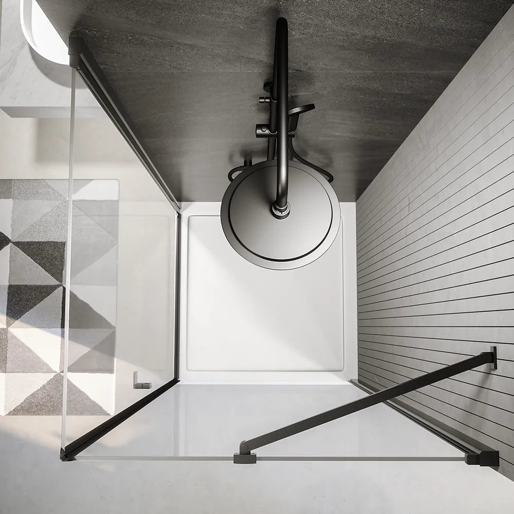 Box doccia 80x90 cm con apertura a battente e parete fissa, profili nero opaco e vetro da 8mm trasparente h195 | Fiji 