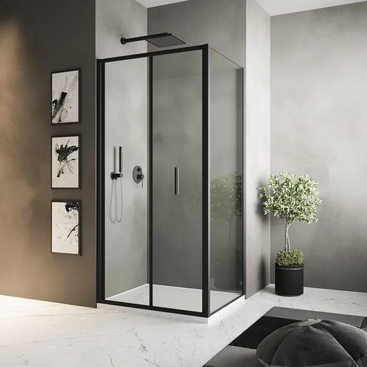 Box doccia slim 90x80cm con porta a libro e parete fissa profili nero opaco e vetro 6mm trasparente h190| Portofino