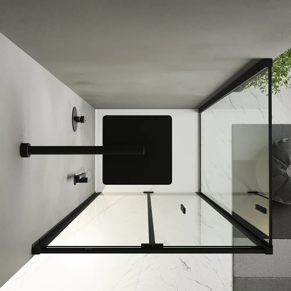 Box doccia slim 80x80cm con porta a libro e parete fissa profili nero opaco e vetro 6mm trasparente h190| Portofino