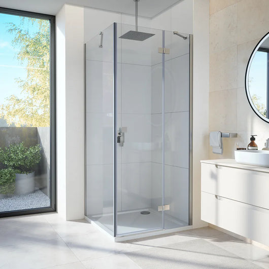 Box doccia 90x70 cm con apertura a battente lato destro con cerniere e parete fissa, profili cromati e vetro 8mm trasparente h195 | Fiji 