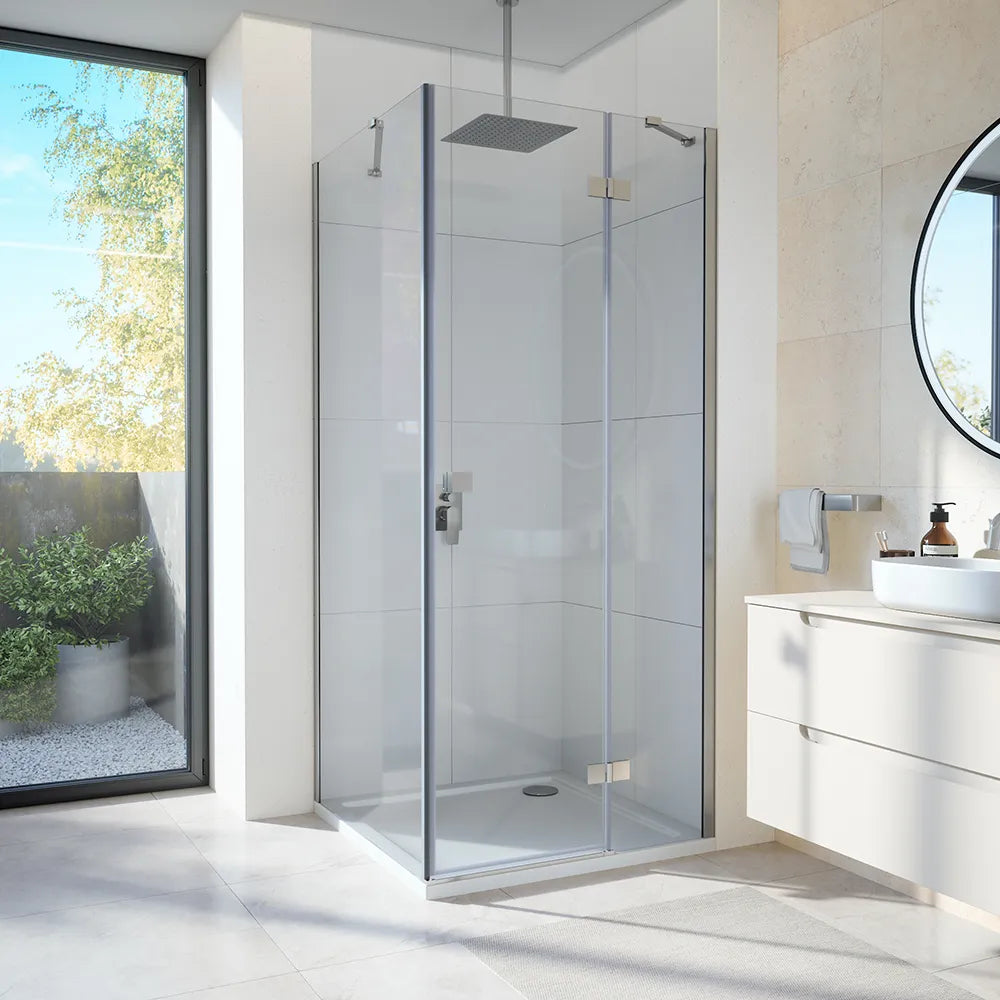 Box doccia 120x70 cm con apertura a battente lato destro con cerniere e parete fissa, profili cromati e vetro 8mm trasparente h195 | Fiji 