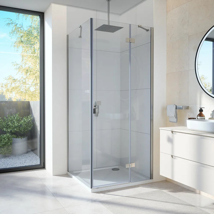 Box doccia 110x90 cm con apertura a battente lato destro con cerniere e parete fissa, profili cromati e vetro 8mm trasparente h195 | Fiji 