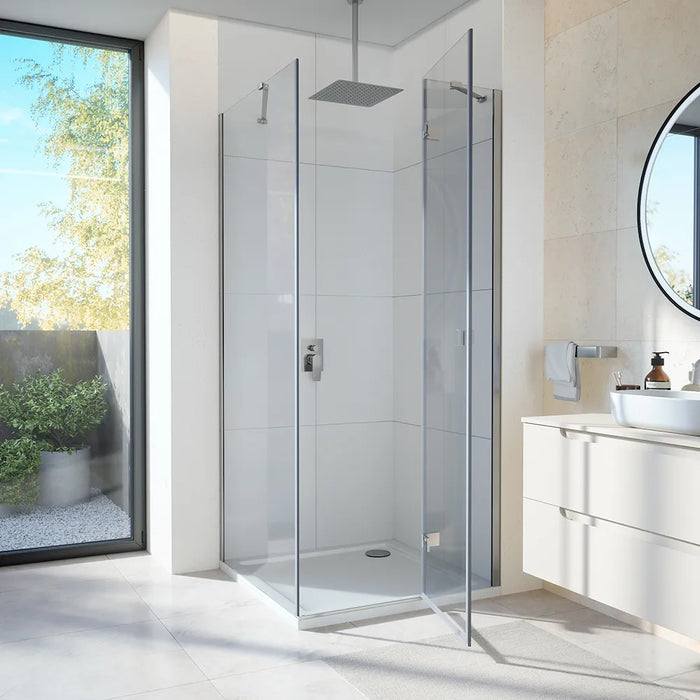 Box doccia 90x80 cm con apertura a battente lato destro con cerniere e parete fissa, profili cromati e vetro 8mm trasparente h195 | Fiji 