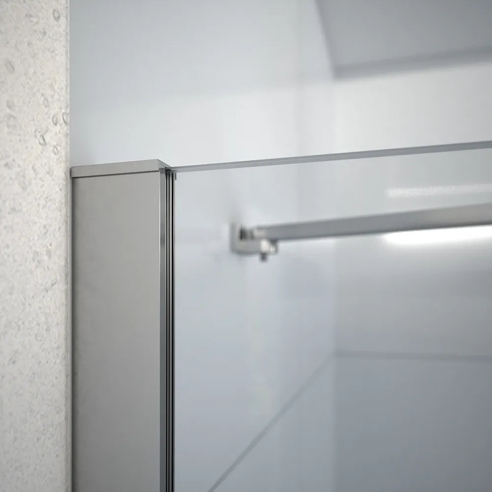 Box doccia 90x80 cm con apertura a battente lato destro con cerniere e parete fissa, profili cromati e vetro 8mm trasparente h195 | Fiji 