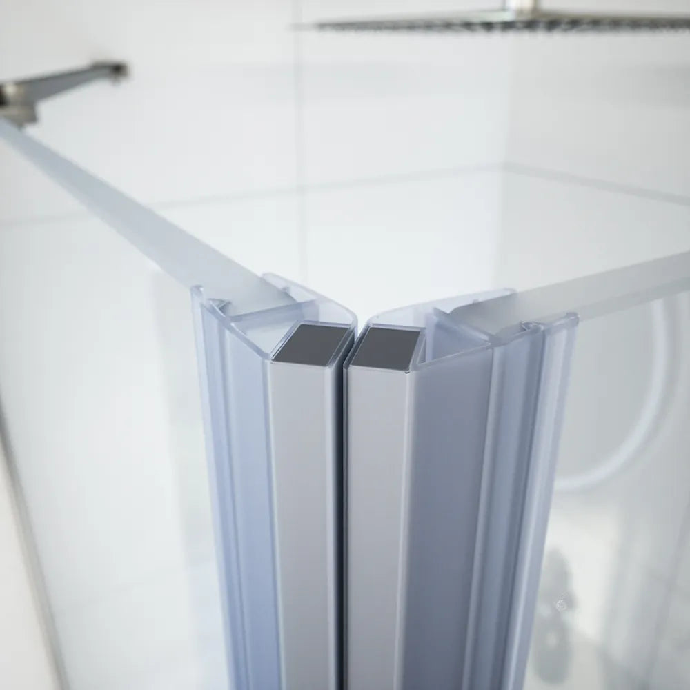 Box doccia 90x90 cm con apertura a battente lato destro con cerniere e parete fissa, profili cromati e vetro 8mm trasparente h195 | Fiji 