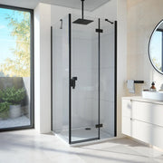 Box doccia 90x80 cm con apertura a battente lato destro con cerniere e parete fissa, profili nero opaco e vetro 8mm trasparente h195 | Fiji 