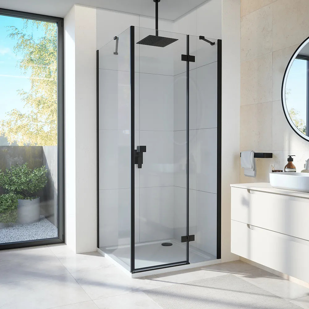 Box doccia 90x80 cm con apertura a battente lato destro con cerniere e parete fissa, profili nero opaco e vetro 8mm trasparente h195 | Fiji 