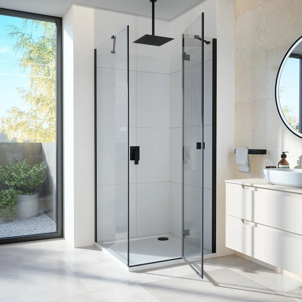 Box doccia 70x90 cm con apertura a battente lato destro con cerniere e parete fissa, profili nero opaco e vetro 8mm trasparente h195 | Fiji 