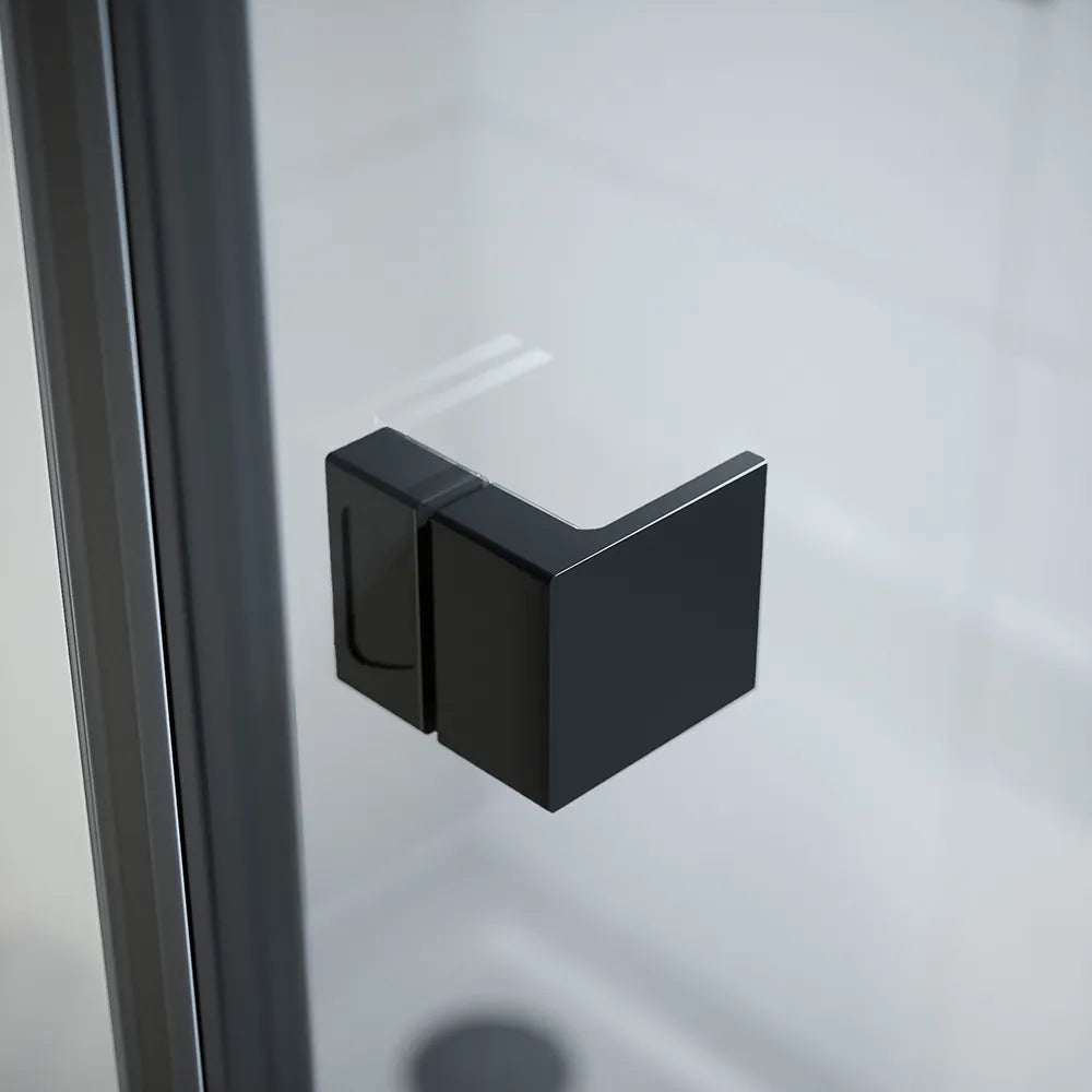 Box doccia 90x80 cm con apertura a battente lato destro con cerniere e parete fissa, profili nero opaco e vetro 8mm trasparente h195 | Fiji 