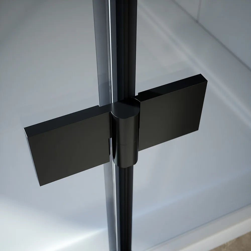 Box doccia 90x80 cm con apertura a battente lato destro con cerniere e parete fissa, profili nero opaco e vetro 8mm trasparente h195 | Fiji 