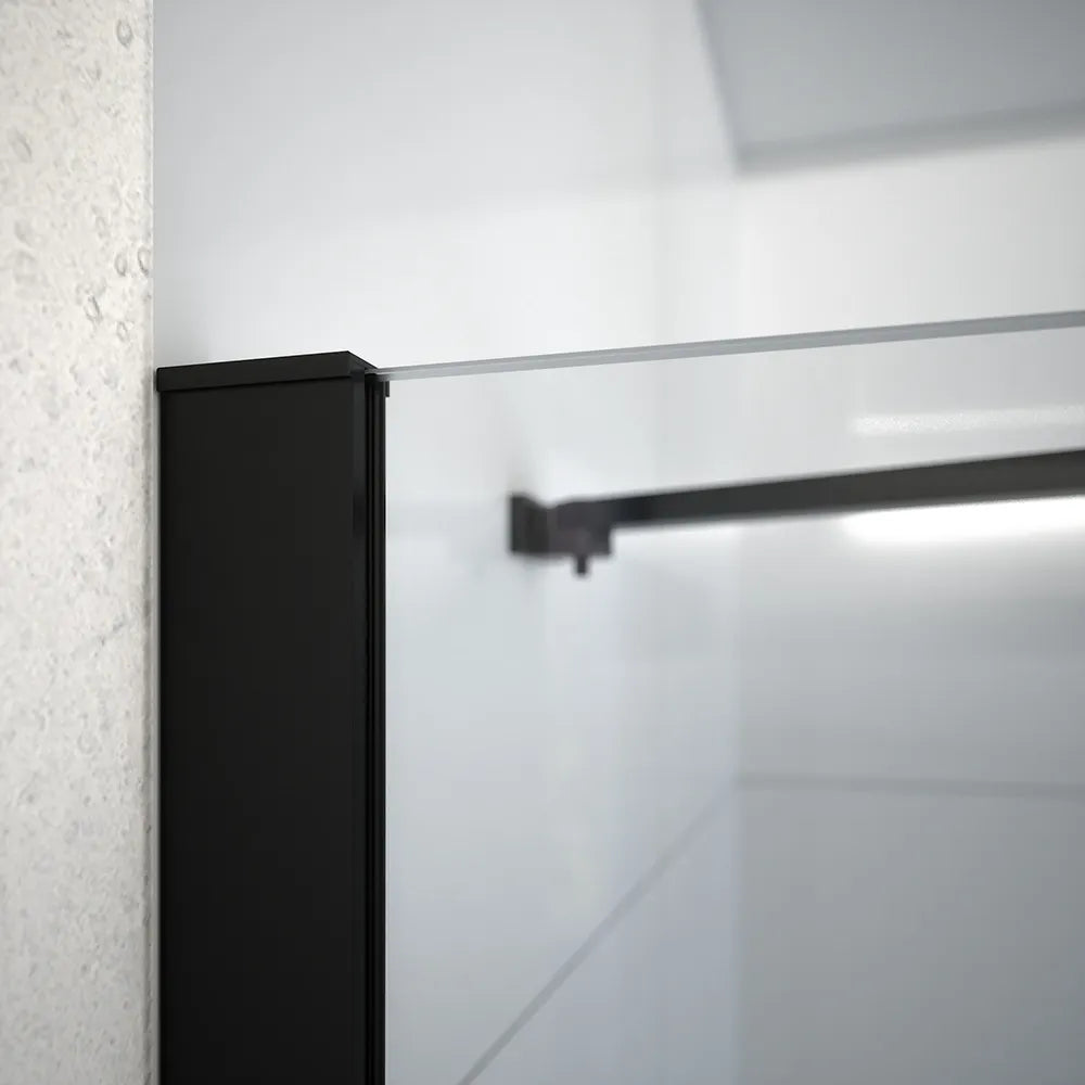 Box doccia 90x80 cm con apertura a battente lato destro con cerniere e parete fissa, profili nero opaco e vetro 8mm trasparente h195 | Fiji 