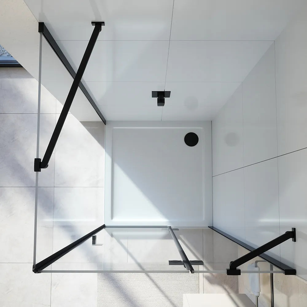 Box doccia 120x70 cm con apertura a battente lato destro con cerniere e parete fissa, profili nero opaco e vetro 8mm trasparente h195 | Fiji 