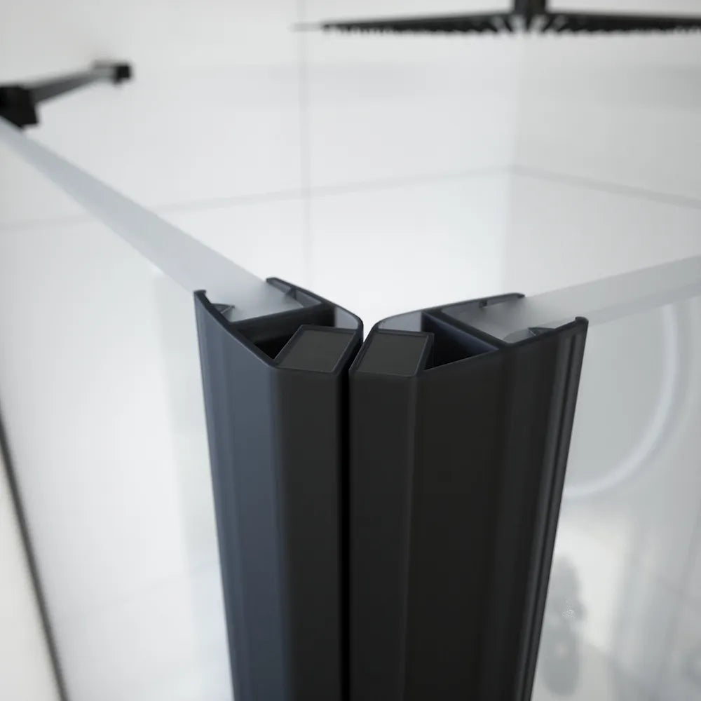 Box doccia 70x90 cm con apertura a battente lato destro con cerniere e parete fissa, profili nero opaco e vetro 8mm trasparente h195 | Fiji 
