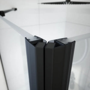 Box doccia 80x70 cm con apertura a battente lato destro con cerniere e parete fissa, profili nero opaco e vetro 8mm trasparente h195 | Fiji 