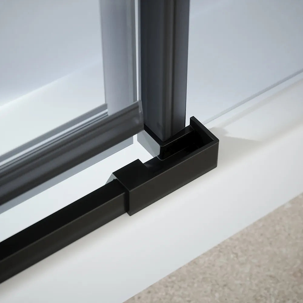Box doccia 90x80 cm con apertura a battente lato destro con cerniere e parete fissa, profili nero opaco e vetro 8mm trasparente h195 | Fiji 