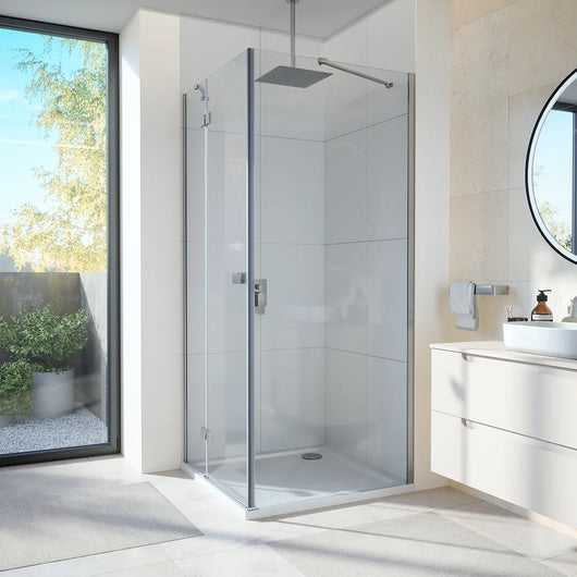 Box doccia 70x70 cm con apertura a battente lato sinistro con cerniere e parete fissa, profili cromati e vetro 8mm trasparente h195 | Fiji 