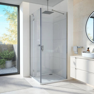 Box doccia 110x90 cm con apertura a battente lato sinistro con cerniere e parete fissa, profili cromati e vetro 8mm trasparente h195 | Fiji 