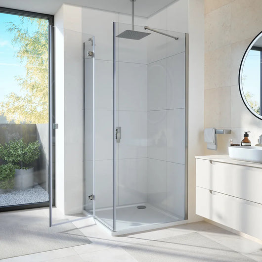 Box doccia 110x80 cm con apertura a battente lato sinistro con cerniere e parete fissa, profili cromati e vetro 8mm trasparente h195 | Fiji 