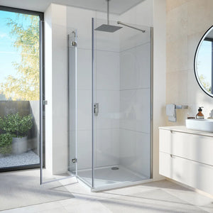 Box doccia 80x90 cm con apertura a battente lato sinistro con cerniere e parete fissa, profili cromati e vetro 8mm trasparente h195 | Fiji 