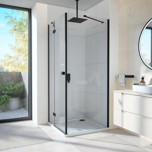 Box doccia 70x80 cm con apertura a battente lato sinistro con cerniere e parete fissa, profili nero opaco e vetro 8mm trasparente h195 | Fiji 