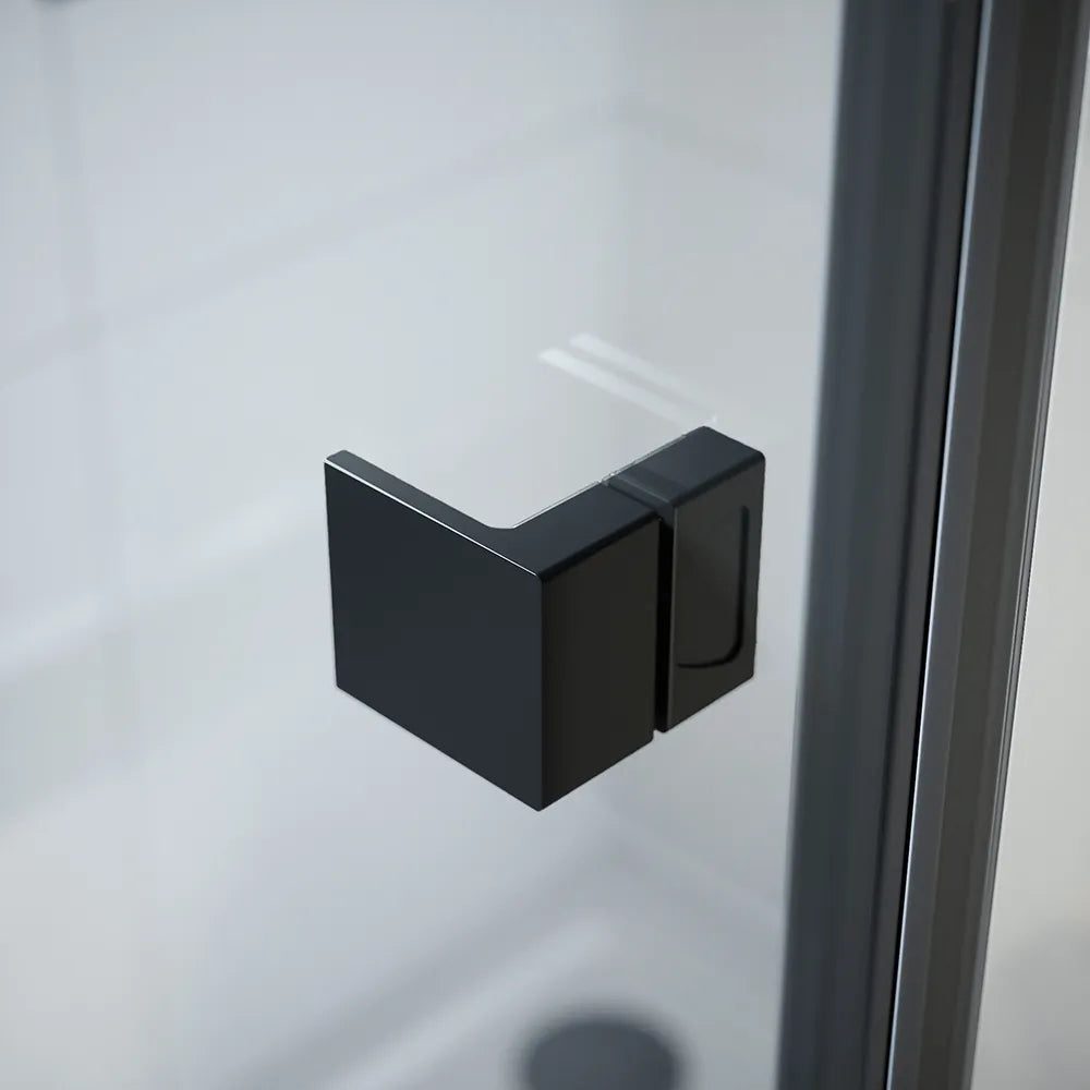 Box doccia 70x70 cm con apertura a battente lato sinistro con cerniere e parete fissa, profili nero opaco e vetro 8mm trasparente h195 | Fiji 