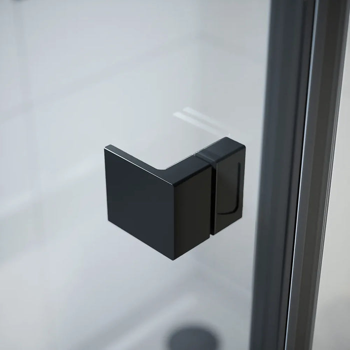 Box doccia 70x70 cm con apertura a battente lato sinistro con cerniere e parete fissa, profili nero opaco e vetro 8mm trasparente h195 | Fiji 