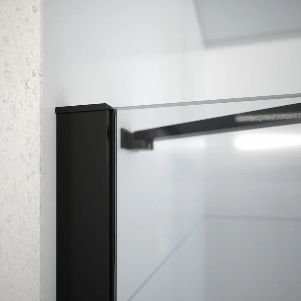 Box doccia 70x70 cm con apertura a battente lato sinistro con cerniere e parete fissa, profili nero opaco e vetro 8mm trasparente h195 | Fiji 