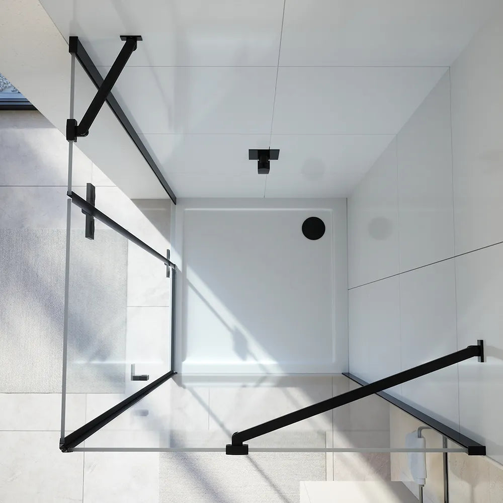 Box doccia 70x70 cm con apertura a battente lato sinistro con cerniere e parete fissa, profili nero opaco e vetro 8mm trasparente h195 | Fiji 