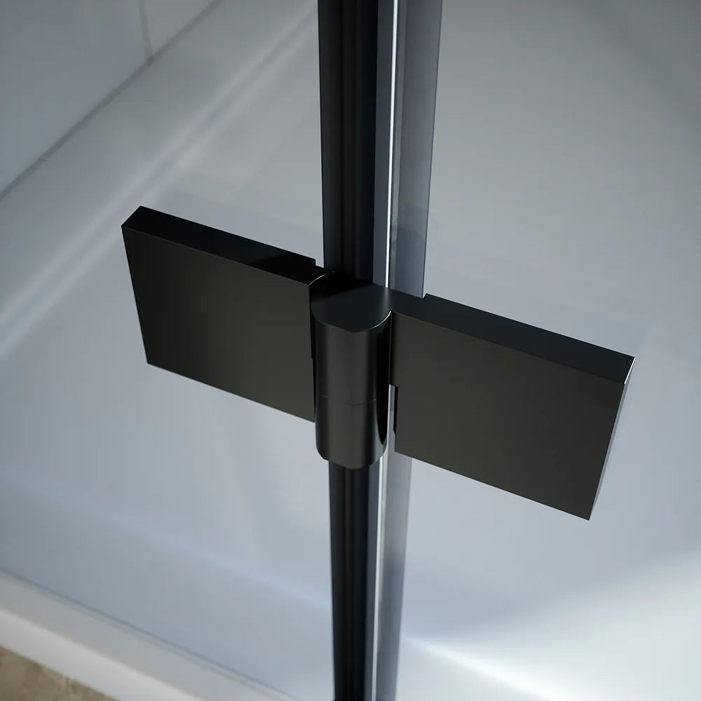 Box doccia 90x70 cm con apertura a battente lato sinistro con cerniere e parete fissa, profili nero opaco e vetro 8mm trasparente h195 | Fiji 