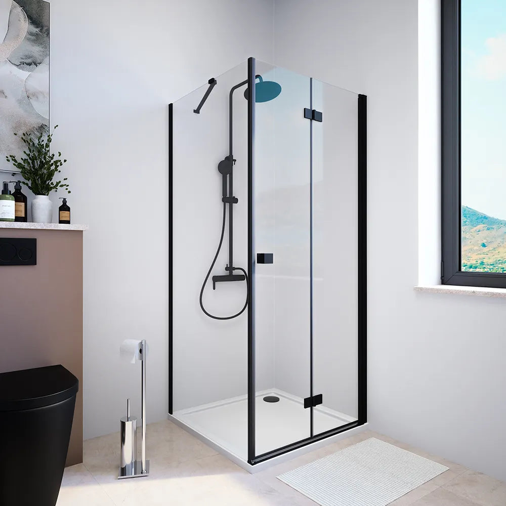 Box doccia 80x90 cm con apertura a libro lato destro e parete fissa, profili nero opaco e vetro 8mm trasparente h195 | Fiji