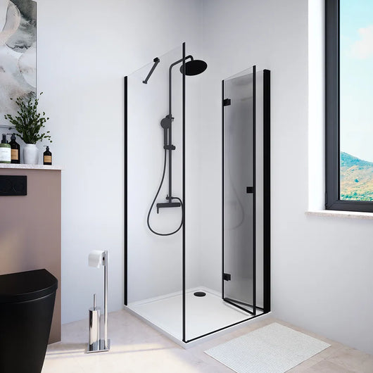 Box doccia 80x90 cm con apertura a libro lato destro e parete fissa, profili nero opaco e vetro 8mm trasparente h195 | Fiji