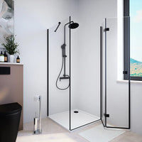 Box doccia 80x90 cm con apertura a libro lato destro e parete fissa, profili nero opaco e vetro 8mm trasparente h195 | Fiji